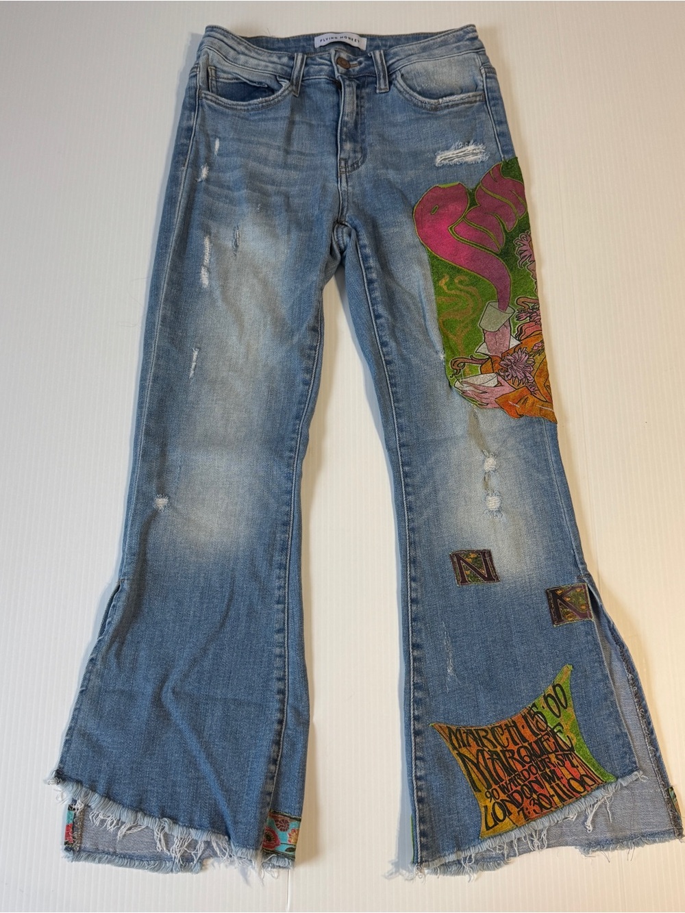 Flying Monkey Patchwork Flare Jeans 26 Y2K Boho Hippie Festival Embroidered